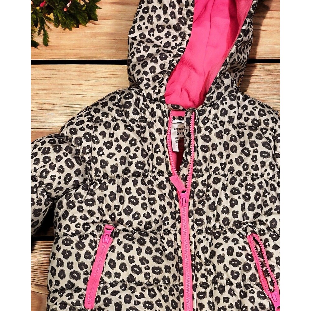 Girls Carters Leopard Print Fuchsia Pink Fleece Liner Winter Puffer Coat S4 #B09